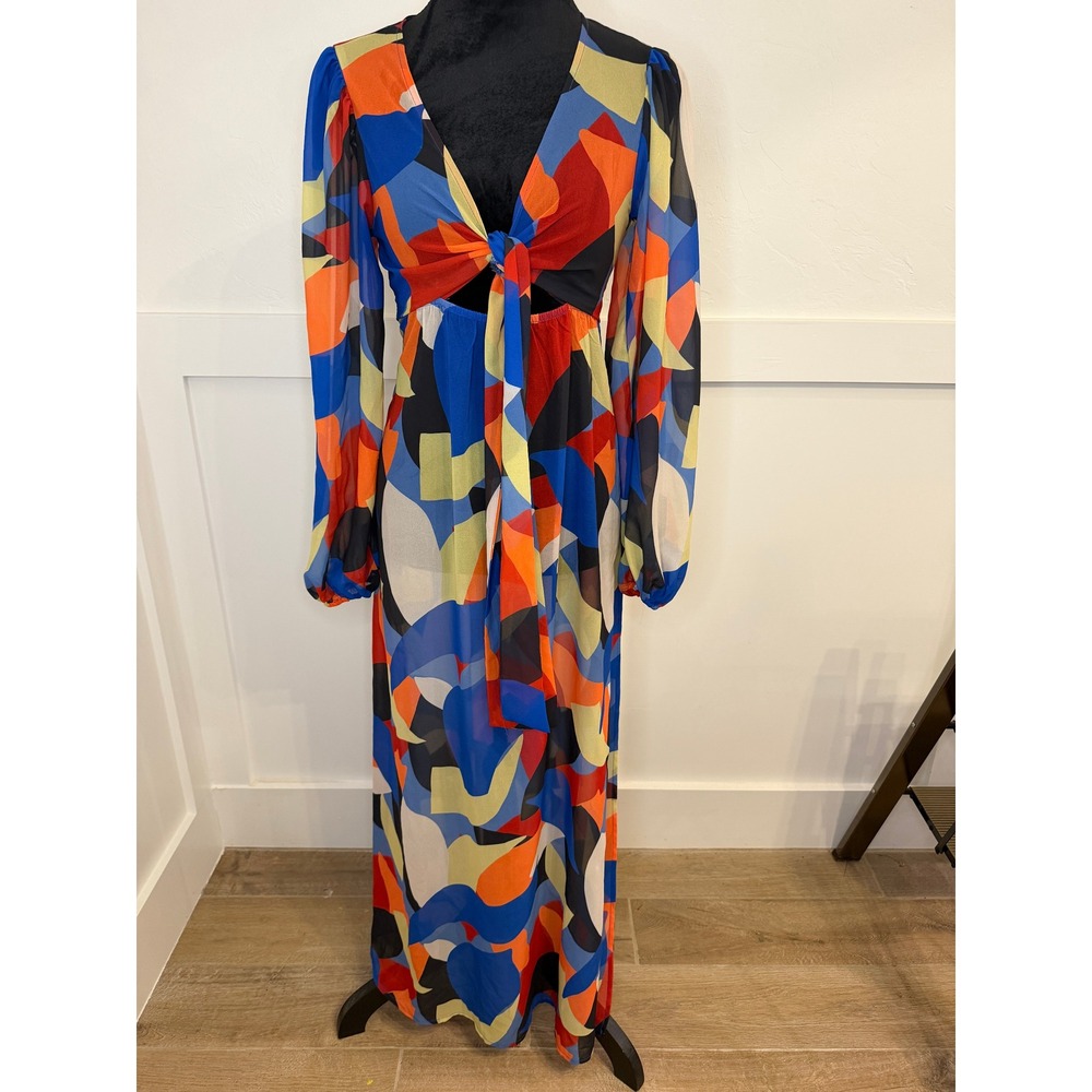 Beach Riot Abstract Print Tie Front Maxi Dress Blue Orange Long Sleeve Large - Picture 2 of 4